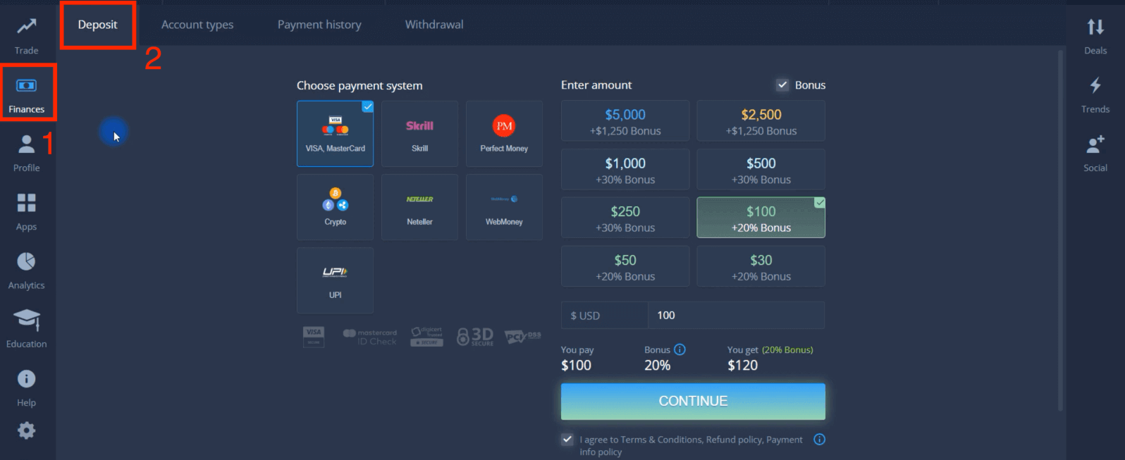 Deposit in ExpertOption Singapore: Kaararka bangiga, E-lacag-bixinta & Crypto