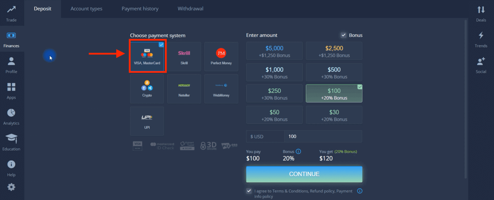 Deposite dinheiro em ExpertOption via cartões bancários (Visa / Mastercard), pagamentos eletrônicos e criptomoeda no Egito