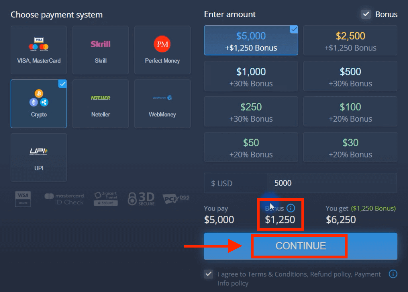 ฝากเงินใน ExpertOption ผ่านบัตรธนาคาร (Visa / Mastercard) การชำระเงินทางอิเล็กทรอนิกส์ และ Cryptocurrency ในมาเลเซีย