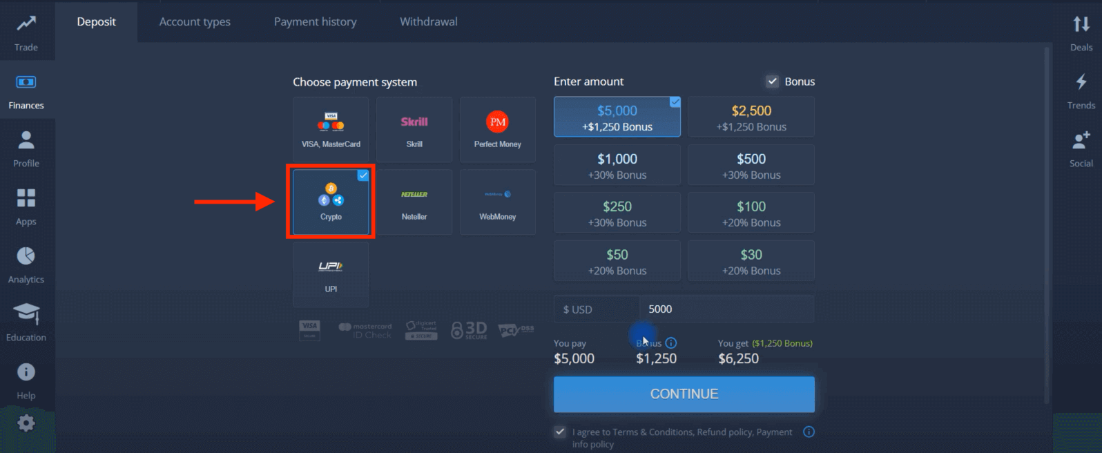 Deposite dinero en ExpertOption mediante tarjetas bancarias (Visa / Mastercard), pagos electrónicos y criptomonedas en Singapur
