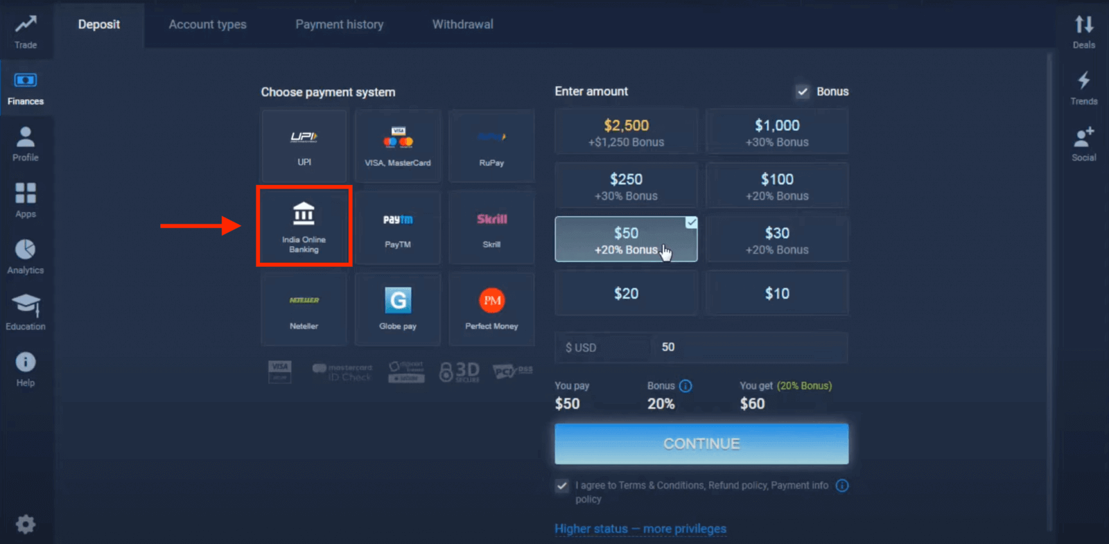 Deposit Money in ExpertOption via Bank Cards (Visa / Mastercard), E-payments (UPI, RuPay, Skrill, Neteller, PayTM, Globe pay, Perfect Money) and Cryptocurrency in India Deposit Money in ExpertOption via Bank Cards (Visa / Mastercard), E-payments (UPI, RuPay, Skrill, Neteller, PayTM, Globe pay, Perfect Money) and Cryptocurrency in India