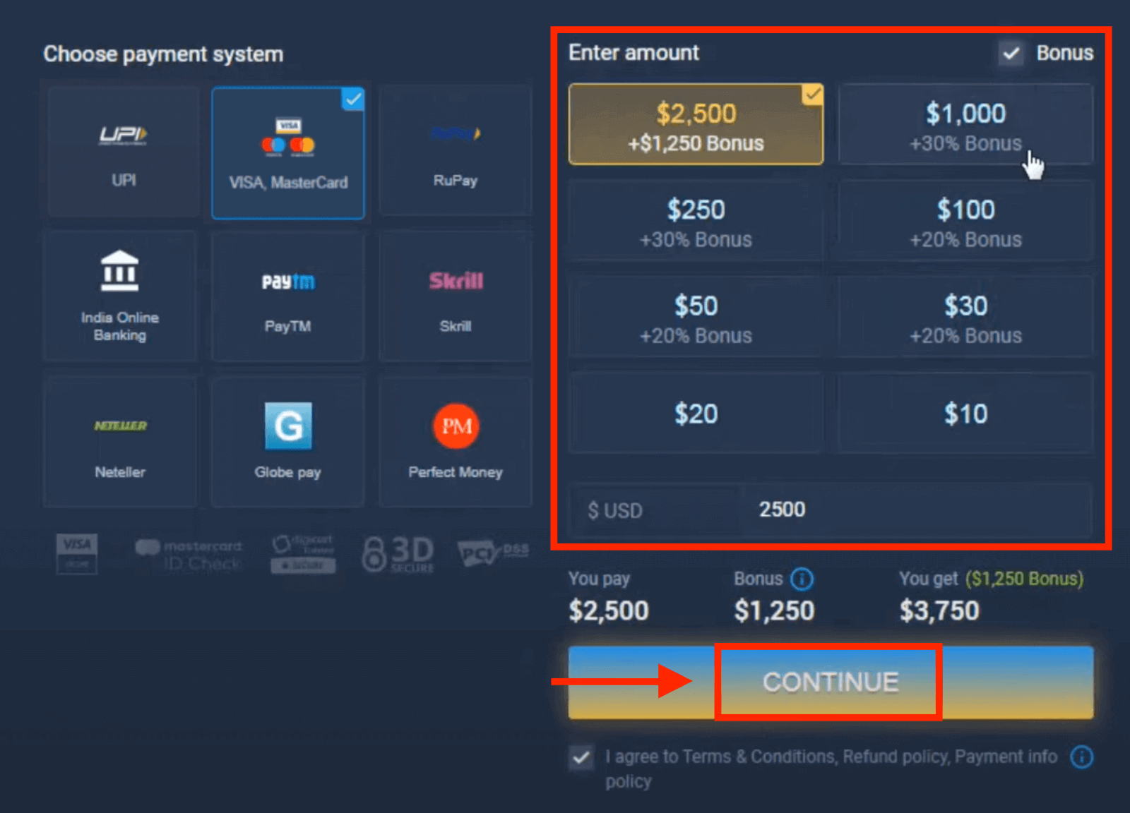 Уплатите новац на ExpertOption путем банковних картица (Виса/Мастерцард), е-плаћања (УПИ, РуПаи, Скрилл, Нетеллер, ПаиТМ, Глобе паи, Перфецт Монеи) и криптовалута у Индији