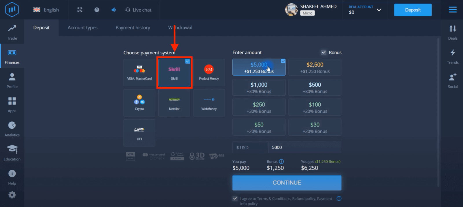 Deposit Wang dalam ExpertOption melalui Kad Bank (Visa / Mastercard), E-pembayaran (UPI, Skrill, Neteller, WebMoney, Perfect Money) dan Cryptocurrency di Pakistan Deposit Wang dalam ExpertOption melalui Kad Bank (Visa / Mastercard), E-pembayaran (UPI, Skrill, Neteller, WebMoney, Perfect Money) dan Cryptocurrency di Pakistan