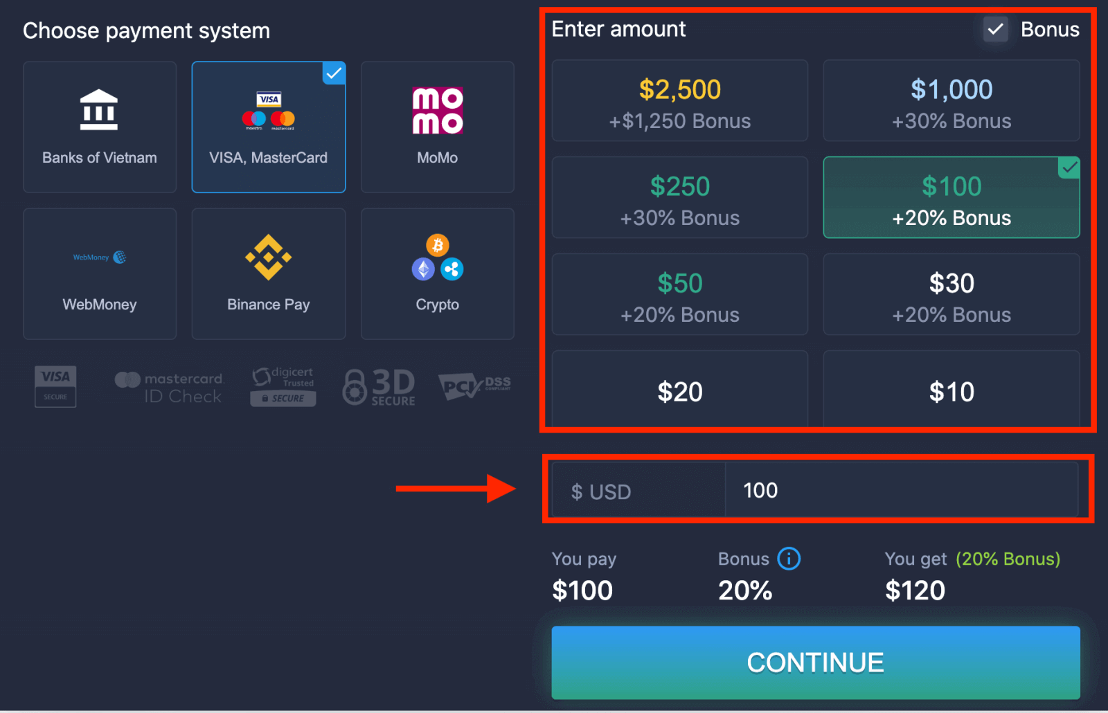 Deposit Wang dalam ExpertOption melalui Kad Bank (Visa / Mastercard), Perbankan Internet, E-pembayaran (MoMo, Perfect Money) dan Cryptocurrency di Vietnam