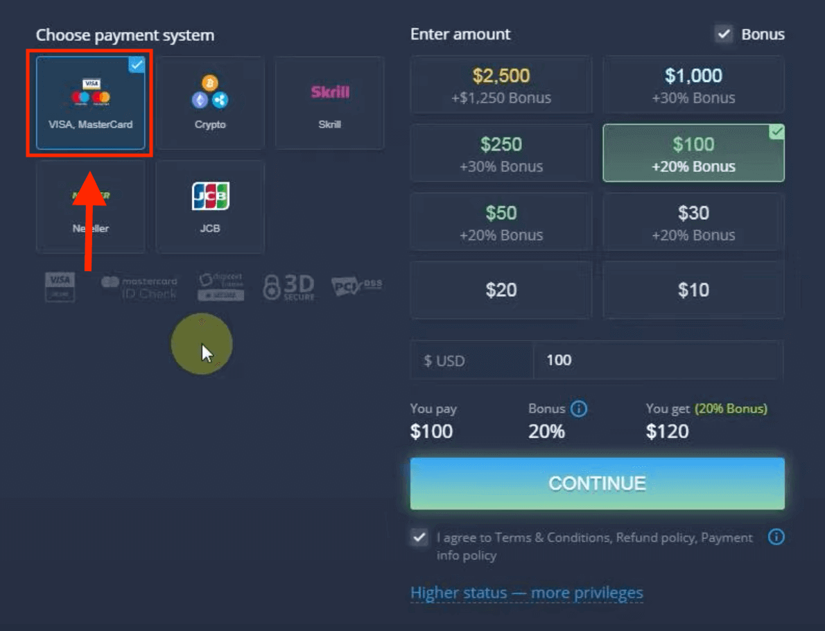 Deposit Wang dalam ExpertOption melalui Kad Bank (Visa / Mastercard / JCB), E-payments (Skrill, Neteller) dan Cryptocurrency di Filipina