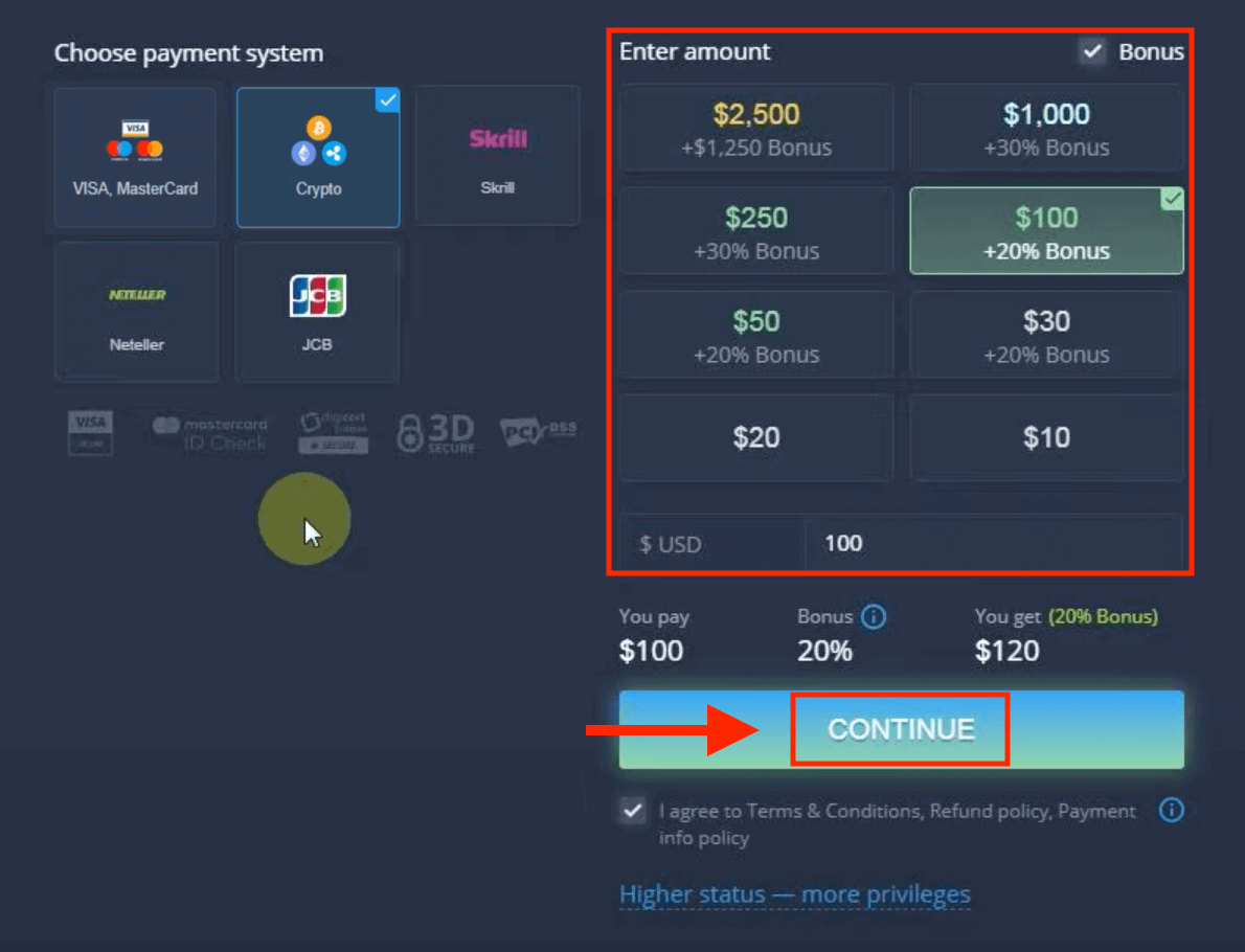 Deposit Wang dalam ExpertOption melalui Kad Bank (Visa / Mastercard / JCB), E-payments (Skrill, Neteller) dan Cryptocurrency di Filipina