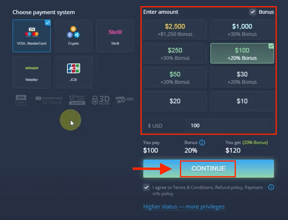 Deposit Wang dalam ExpertOption melalui Kad Bank (Visa / Mastercard / JCB), E-payments (Skrill, Neteller) dan Cryptocurrency di Filipina