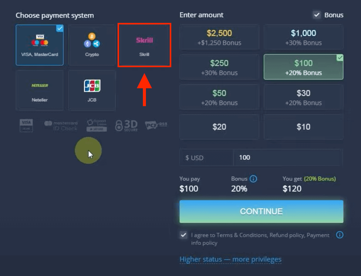 Deposit Wang dalam ExpertOption melalui Kad Bank (Visa / Mastercard / JCB), E-payments (Skrill, Neteller) dan Cryptocurrency di Filipina