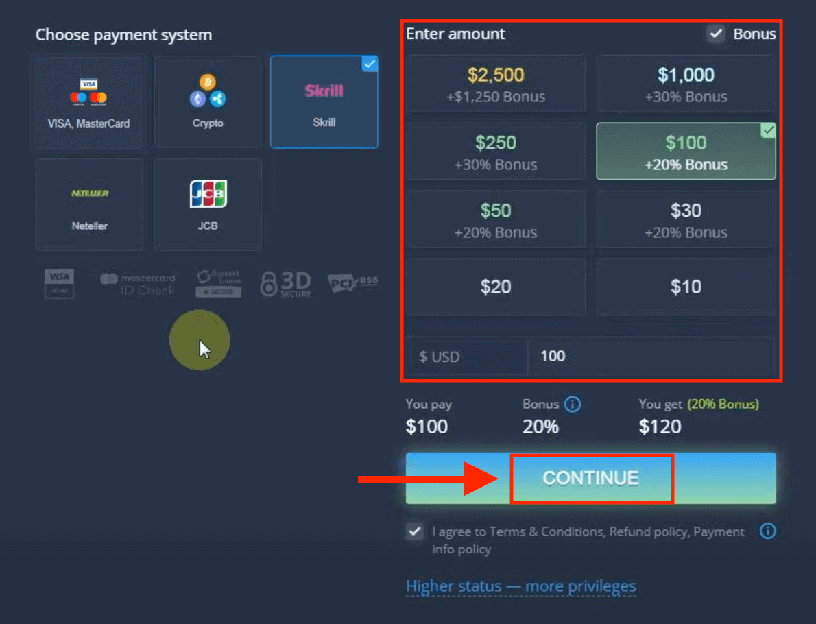 Deposit Wang dalam ExpertOption melalui Kad Bank (Visa / Mastercard / JCB), E-payments (Skrill, Neteller) dan Cryptocurrency di Filipina