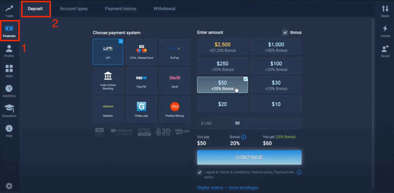 Idiphozithi ye-ExpertOption e-India - Visa/Mastercard, UPI, E-payments & Crypto