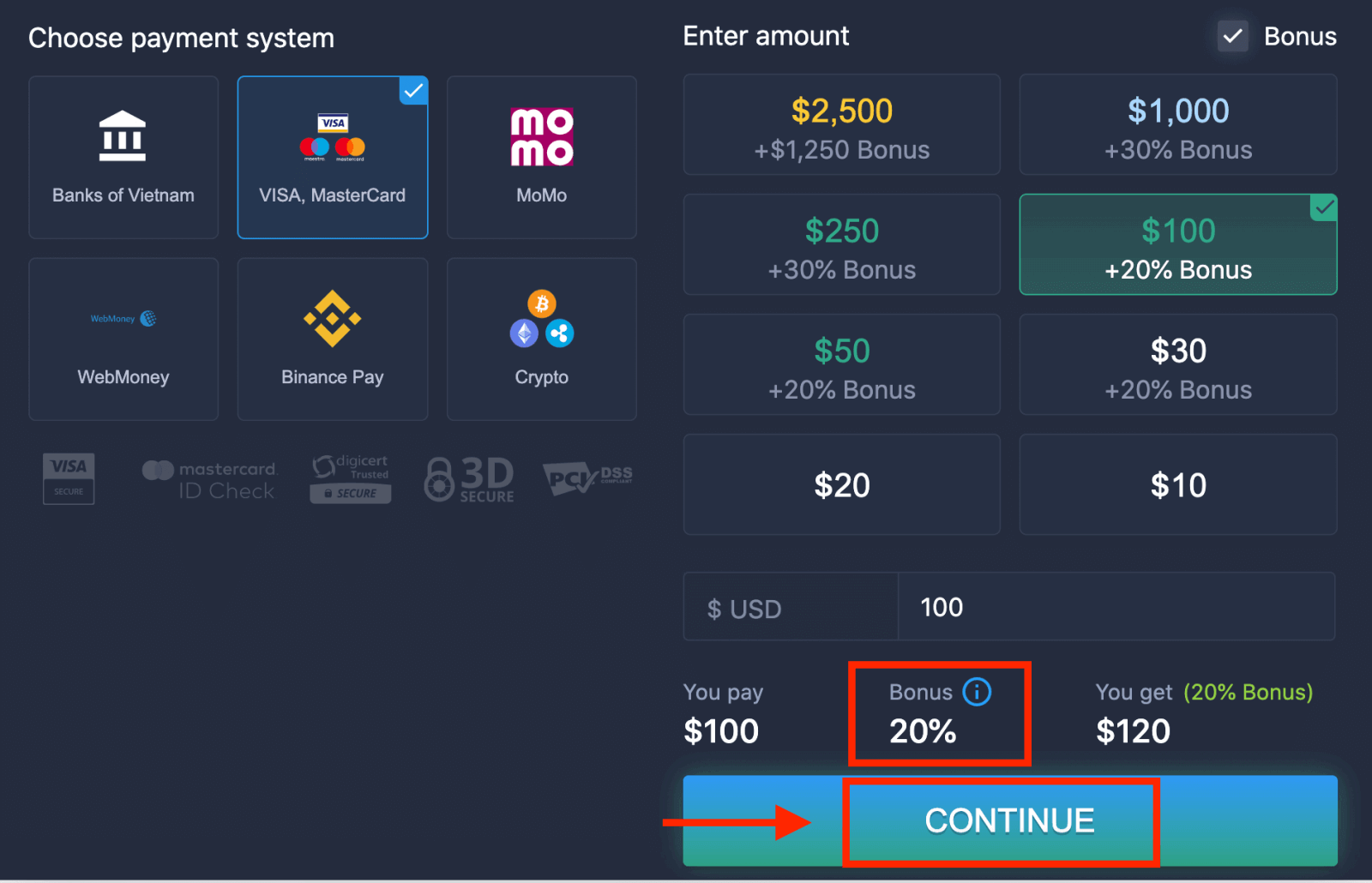 Debaajiga ExpertOption ee VISA & MasterCard - Xeerarka Maalgelinta Kaadhka