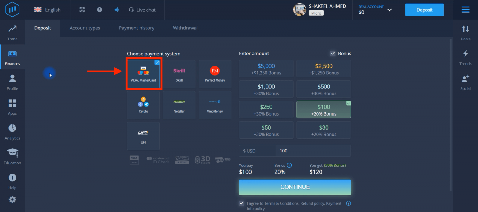 Deposite dinheiro na ExpertOption via cartões bancários (Visa / Mastercard), pagamentos eletrônicos (UPI, Skrill, Neteller, WebMoney, Perfect Money) e criptomoeda no Paquistão Deposite dinheiro na ExpertOption via cartões bancários (Visa / Mastercard), pagamentos eletrônicos (UPI, Skrill, Neteller, WebMoney, Perfect Money) e criptomoeda no Paquistão