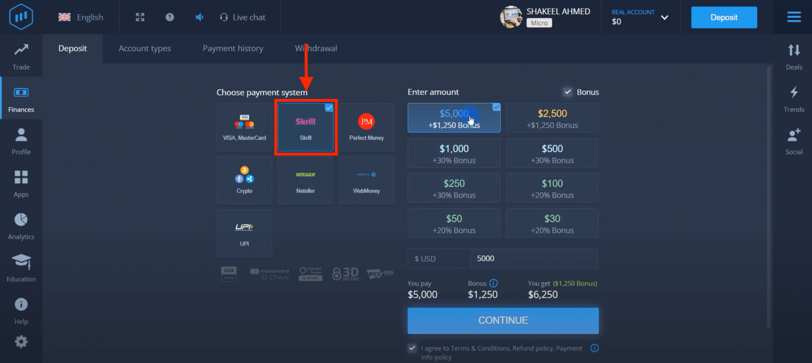 Deposite dinheiro na ExpertOption via cartões bancários (Visa / Mastercard), pagamentos eletrônicos (UPI, Skrill, Neteller, WebMoney, Perfect Money) e criptomoeda no Paquistão Deposite dinheiro na ExpertOption via cartões bancários (Visa / Mastercard), pagamentos eletrônicos (UPI, Skrill, Neteller, WebMoney, Perfect Money) e criptomoeda no Paquistão
