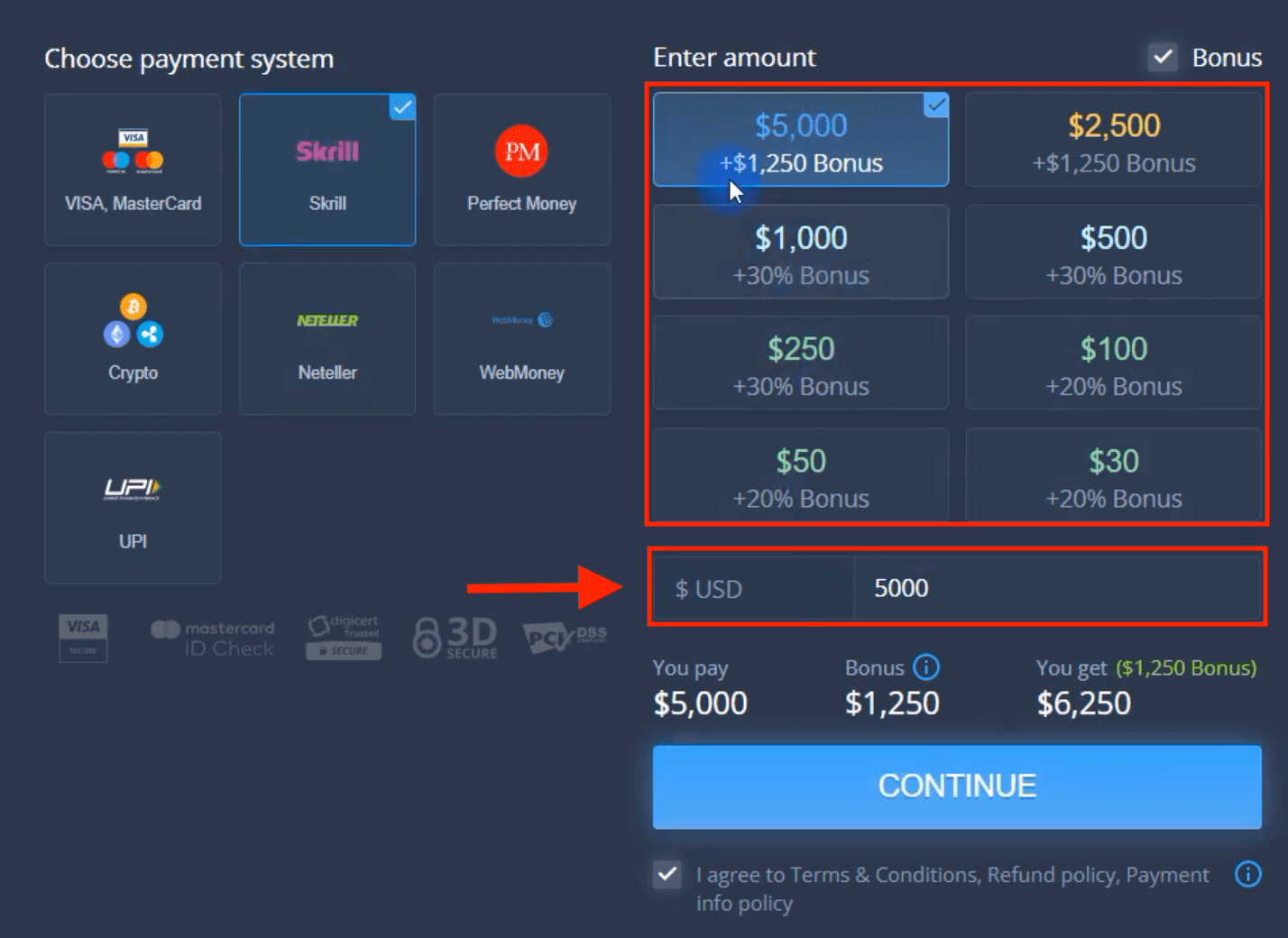 Deposite dinheiro na ExpertOption via cartões bancários (Visa / Mastercard), pagamentos eletrônicos (UPI, Skrill, Neteller, WebMoney, Perfect Money) e criptomoeda no Paquistão Deposite dinheiro na ExpertOption via cartões bancários (Visa / Mastercard), pagamentos eletrônicos (UPI, Skrill, Neteller, WebMoney, Perfect Money) e criptomoeda no Paquistão