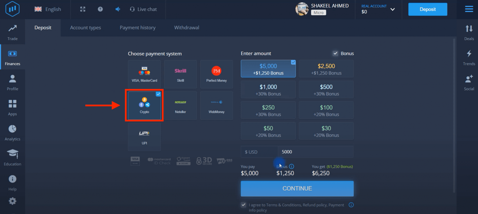 Deposite dinheiro na ExpertOption via cartões bancários (Visa / Mastercard), pagamentos eletrônicos (UPI, Skrill, Neteller, WebMoney, Perfect Money) e criptomoeda no Paquistão Deposite dinheiro na ExpertOption via cartões bancários (Visa / Mastercard), pagamentos eletrônicos (UPI, Skrill, Neteller, WebMoney, Perfect Money) e criptomoeda no Paquistão