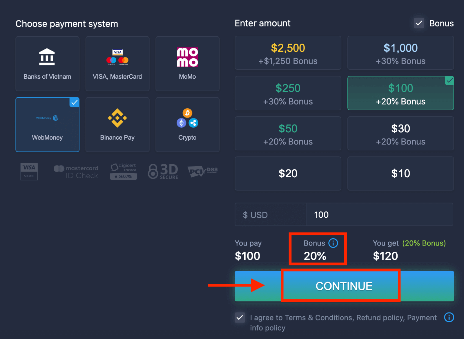 ExpertOption پر رقم کیسے جمع کریں۔